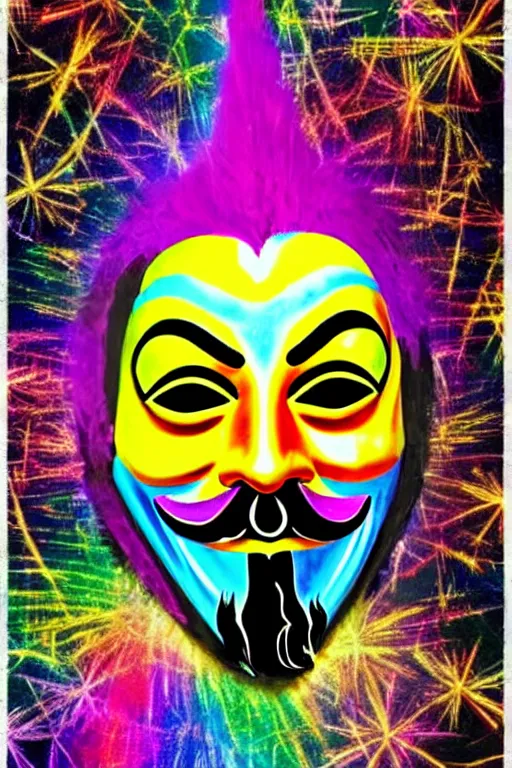 Prompt: guy fawkes mask, lisa frank + salvador dali,