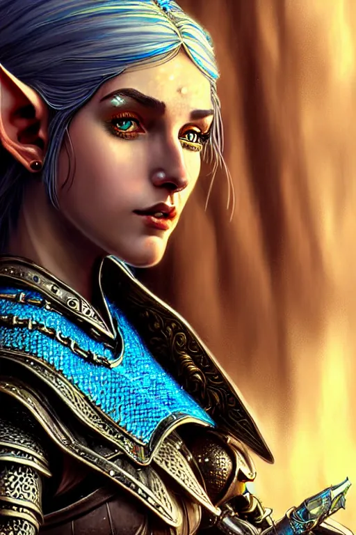 Image similar to alluring highly detailed matte close-up portrait of beautiful elf Shani (from Witcher 3) wearing chesty chainmail bikini and a blue cloak, very detailed, realistic, manga, pen and ink, by Stanley Artgerm Lau, greg rutkowski, thomas kindkade, alphonse mucha, loish, norman rockwell J.