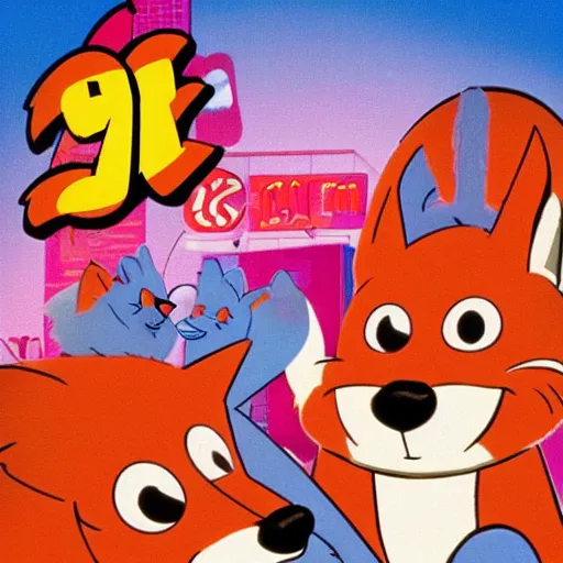 Prompt: 90s cartoon movie poster, featuring anthropomorphic fox looking at a pile of fried chicken, promotional advertising poster media