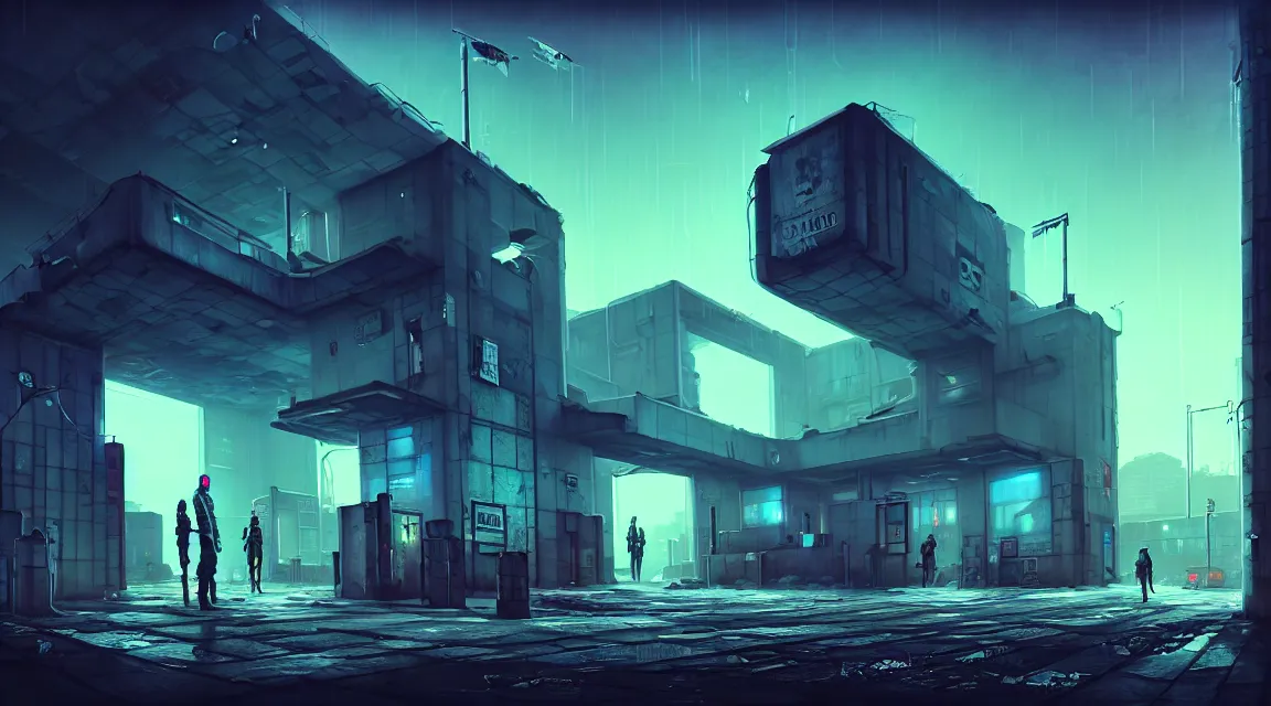 Prompt: post - apocalyptic police station, building, paved roads, complex textures, sci - fi art, highly detailed photography, trending on artstation, hyperrealistic, human silhouettes, cyberpunk, environment artist, dystopian, science fiction, synthwave neon retro, concrete, vivid colors