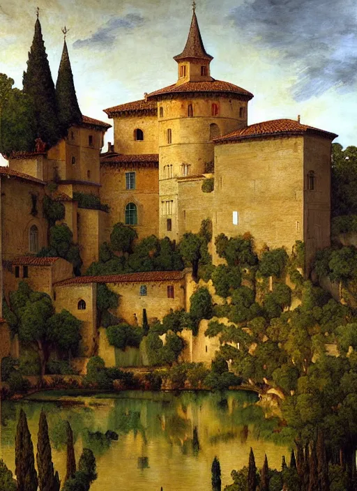 Image similar to lourmarin chateau in provence pattern texture, elegant, peaceful, hyper realistic, extremely detailed, dnd art, fantasy art, intricate fantasy painting, dramatic lighting, vivid colors, deviant art, artstation, by edgar maxence and caravaggio and michael whelan and delacroix.