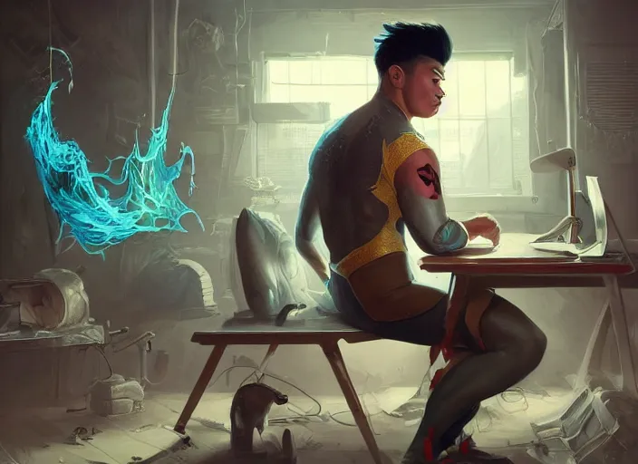 Image similar to an insanely detailed painting of an asian man wearing a homemade superhero costume, sitting at a desk, staring seriously at the computer and typing, in the style of peter mohrbacher, james jean, artgerm, dramatic lighting and composition, surreal background, octane render, pixar, trending on artstation, concept art, comic book, view from behind, 8 k