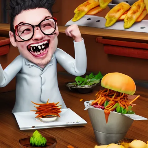 Image similar to a mad scientist laughing happily at the rain of food he managed to create , concept art, trending on artstation 3D.