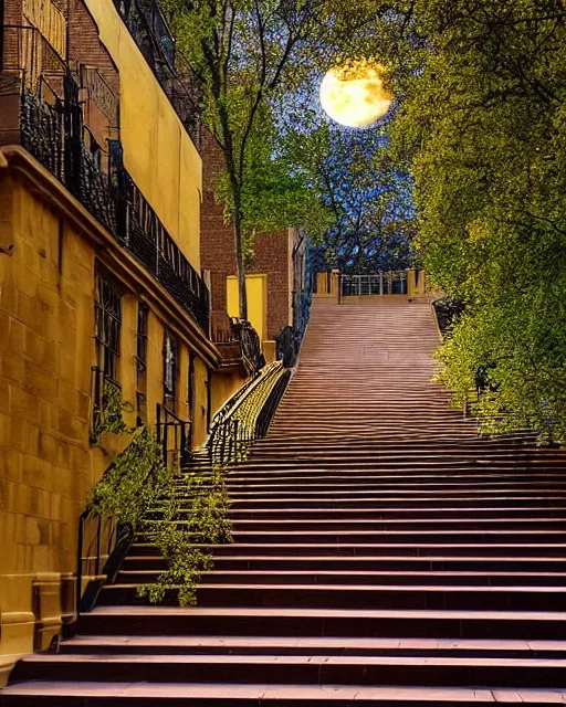 Prompt: golden staircase ascending towards the green staircase ascending towards the blue staircase ascending towards the red brick staircase ascending towards the moon