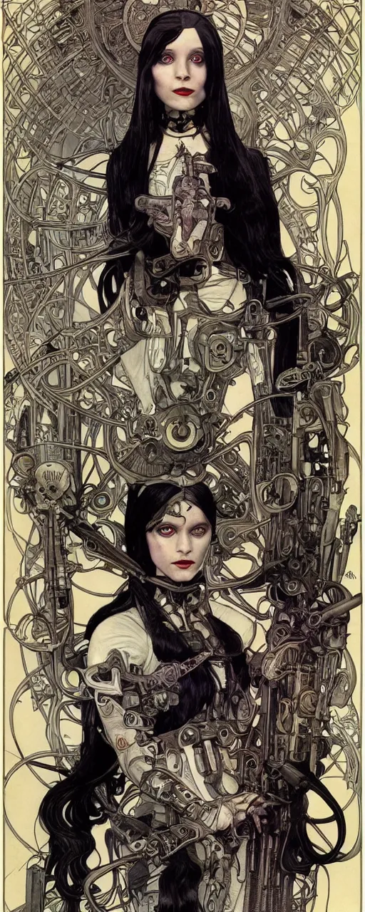 Prompt: beautiful stunning sci - fi art nouveau portrait of wednesday addams as a heavy metal industrial crustpunk rebel soldier by michael kaluta, moebius and alphonse mucha, photorealism, extremely hyperdetailed, perfect symmetrical facial features, perfect anatomy, ornate declotage, weapons, circuitry, high technical detail, determined expression, piercing gaze