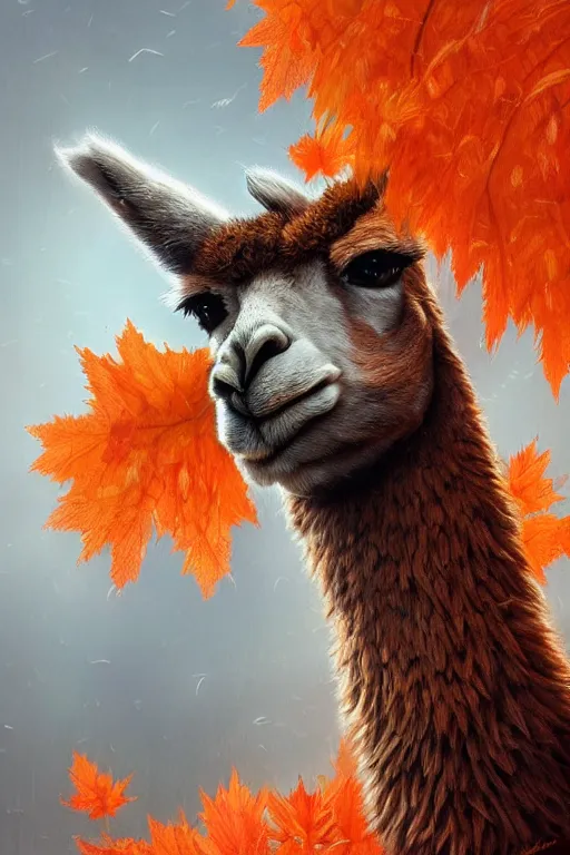 Image similar to beautiful digital painting of anthro llama, orange oak leaves, D&D, fantasy, intricate, anthro, cinematic lighting, highly detailed, digital painting, Artstation, anthro concept art, smooth, sharp focus, illustration, llama art by Artgerm and Greg Rutkowski and Rossdraws