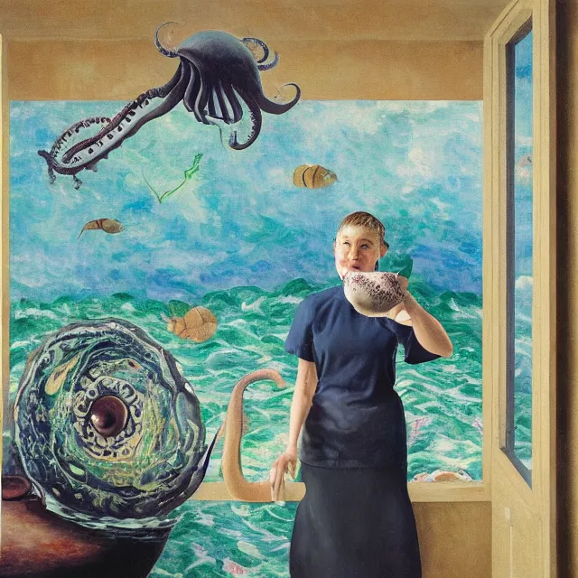 Image similar to tall female artist holding a nautilus in her flooded kitchen, pomegranates, window, octopus, water gushing from ceiling, painting of flood waters inside an artist's apartment, a river flooding indoors, ikebana, zen, rapids, waterfall, black swans, canoe, berries, acrylic on canvas, surrealist, by magritte and monet