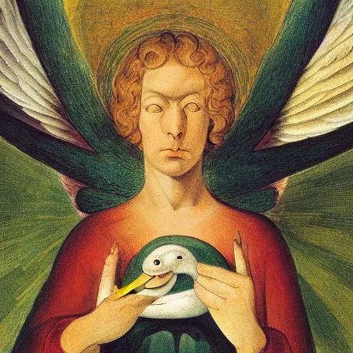 Prompt: biblical angel with the head of a duck, by jean deville, by william blake, oil on canvas