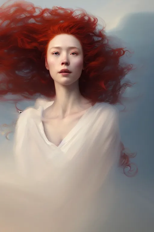 Prompt: portrait of a beautiful nordic woman, curly red hair, wearing a white dress, extremely detailed digital painting, in the style of fenghua zhong and ruan jia and jeremy lipking and peter mohrbacher, mystical colors, rim light, beautiful lighting, 8 k, stunning scene, raytracing, octane, trending on artstation