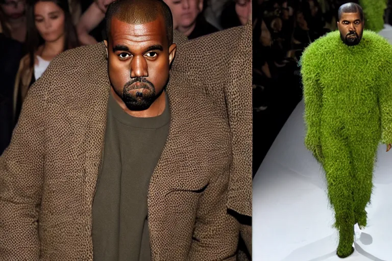 kanye west wearing a suit made of grass, full body, Stable Diffusion