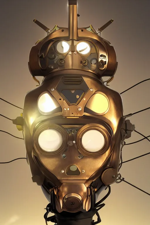 Image similar to steampunk mask minimalist fantasy art robot ninja helmet, global illumination ray tracing hdr fanart arstation by sung choi and eric pfeiffer and gabriel garza and casper konefal radiating a glowing aura