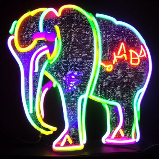 Prompt: metallic cyber elephant with glowing neon tusks