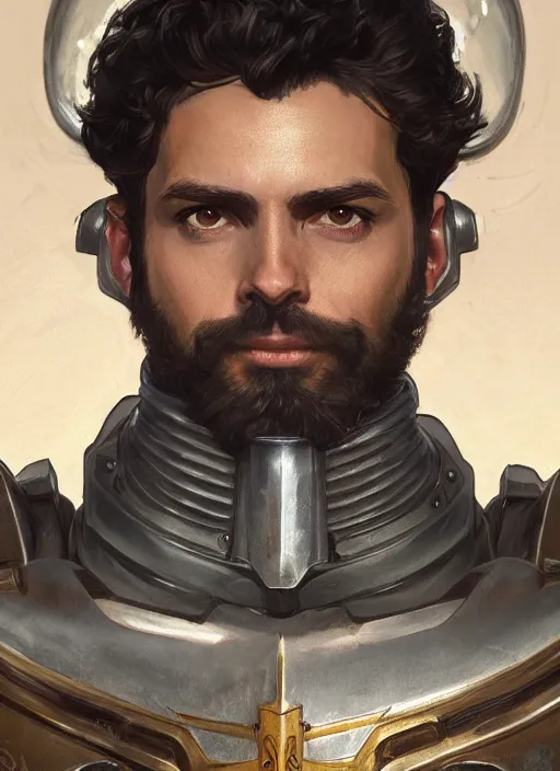 Image similar to medium-length portrait of a male paladin with short curly hair and a dark beard, dark brown skin, happy expression, wears a suit of power armor, gundam, buster sword, medieval setting, highly detailed, digital painting, artstation, concept art, sharp focus, illustration, art by greg rutkowski and alphonse mucha