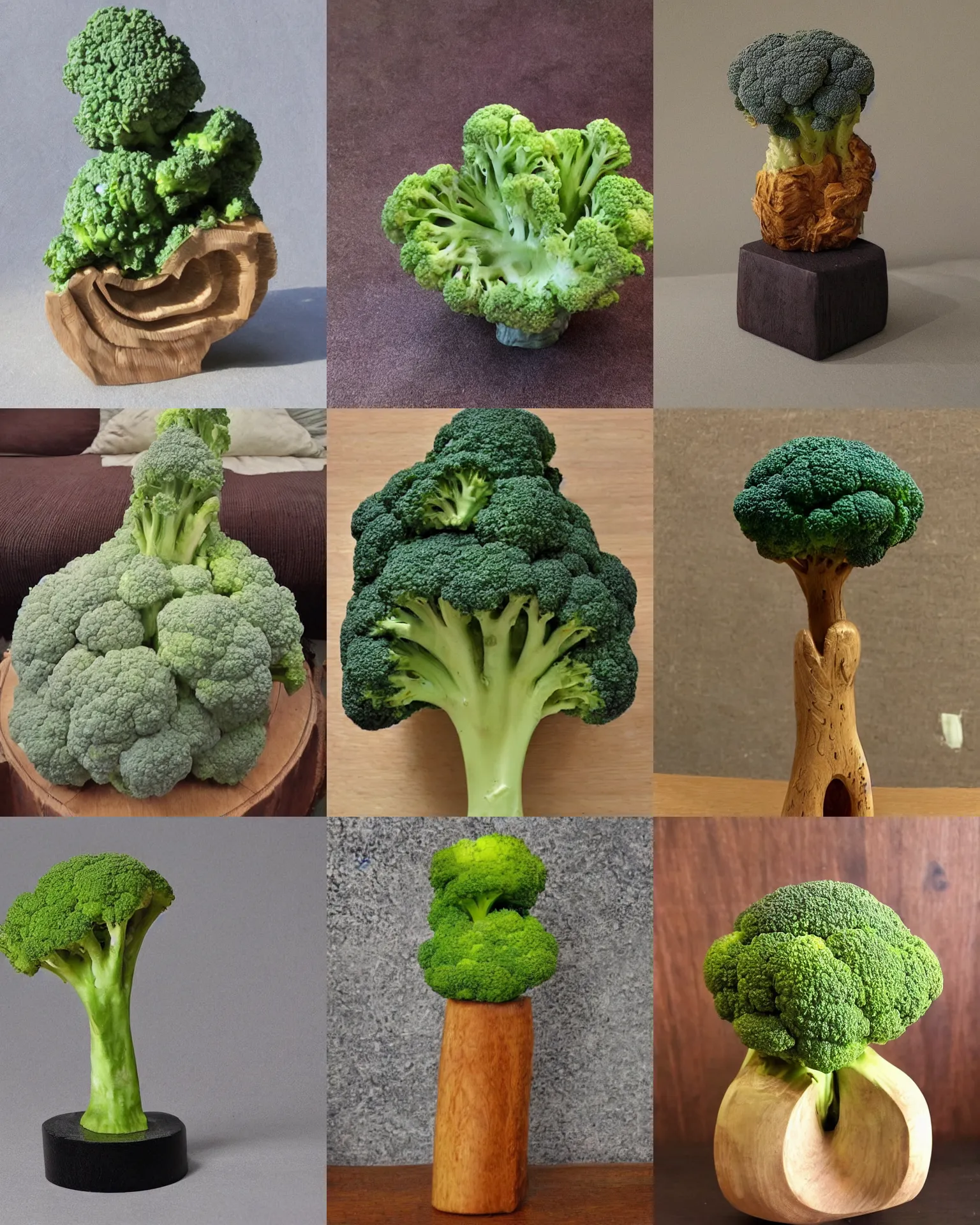Prompt: !!!!!!! wooden!!!!!!! carved sculpture of a piece of broccoli, ebay listing, product picture, shot on iphone