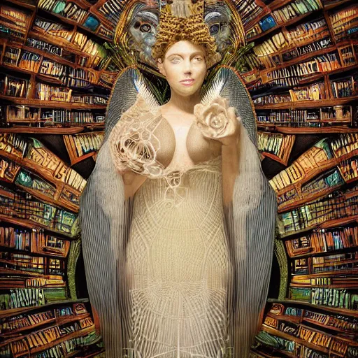 Image similar to 3 d goddess minerva, medium shot portrait. beautiful hyperrealistic intricate highly detailed and richly embroidered with esoteric symbols gown, surrounded by stacks of books bioluminescent, curious, plasma, 4 k surrealism