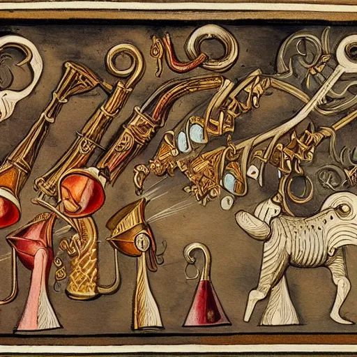 Image similar to an inllustration of a medieval blowing horn, winding horn, animal horn, higly detailed, mystic, artwork