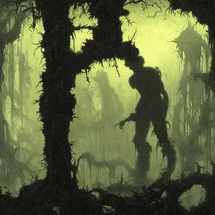 Prompt: a silhouette of boy exploring a white baroque neoclassicist halls overgrown with colorful alien swamplife. close - up view, detailed textures. glowing fog, dark black background. highly detailed fantasy science fiction painting by moebius, norman rockwell, frank frazetta, and syd mead. rich colors, high contrast