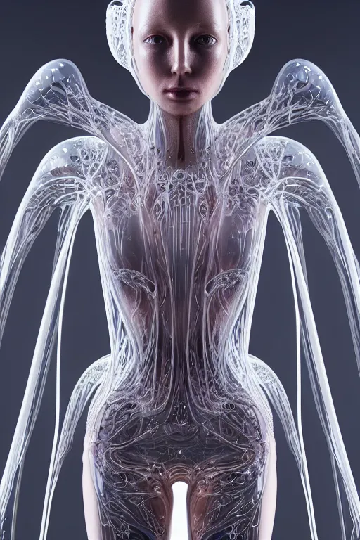 Image similar to iris van herpen, perfect symmetrical body, full body shot, inflateble shapes, wires, tubes, veins, jellyfish, white biomechanical details, wearing epic bionic cyborg implants, masterpiece, intricate, biopunk, vogue, highly detailed, artstation, concept art, cyberpunk, octane render