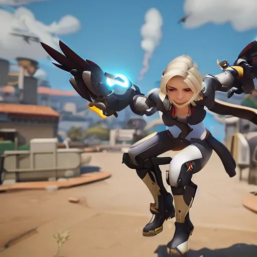 Image similar to mercy from overwatch flying above her team healing them as they push the payload across the map, unreal engine 5 4 k