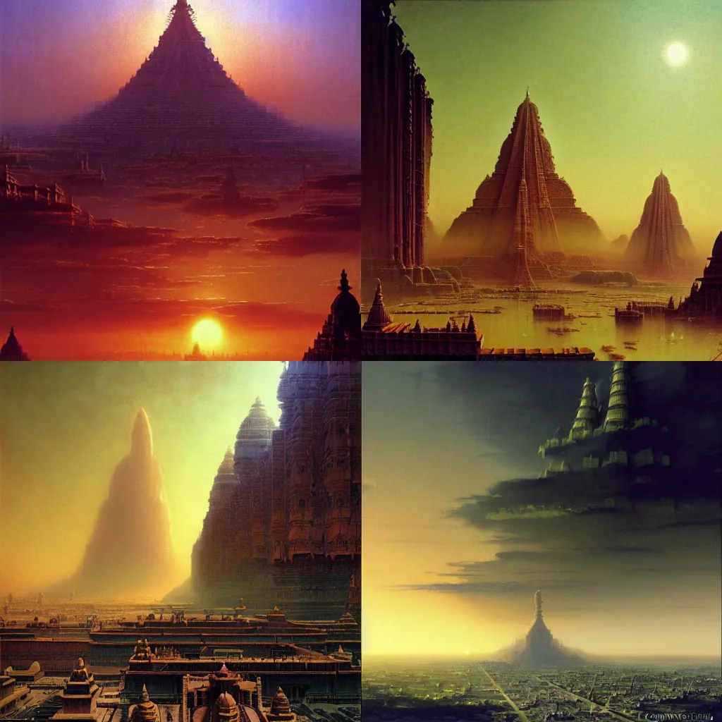 Prompt: The colossal giga city of Ajodhya capital of Hindu Rashtra, by Canaletto, by Bruce Pennington, by Dean Ellis, by Greg Rutkowski, by oil on canvas, masterpiece, detailed, dynamic, cinematic composition, beautiful lighting, view from ground, trending on artstation, top on pixiv, 8K, award winning, no frames,