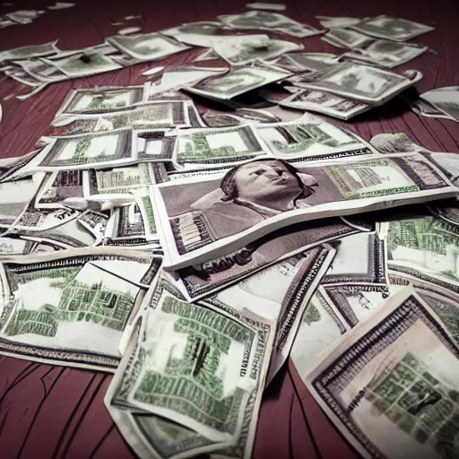 Prompt: pile of money and blood on the floor, ultrarealistic, highly detailed, 8k,