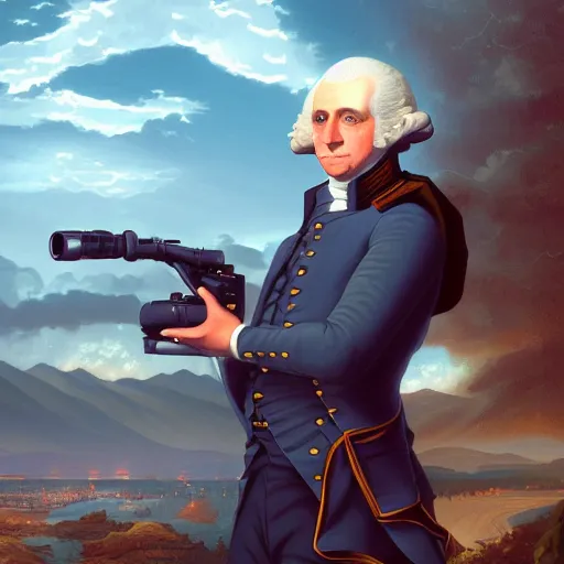 Image similar to ultra realist photographer george washington by dan mumford, yusuke murata, makoto shinkai, ross tran, cosmic, heavenly, god rays, intricate detail, cinematic, 8 k, cel shaded, unreal engine, featured on artstation, pixiv