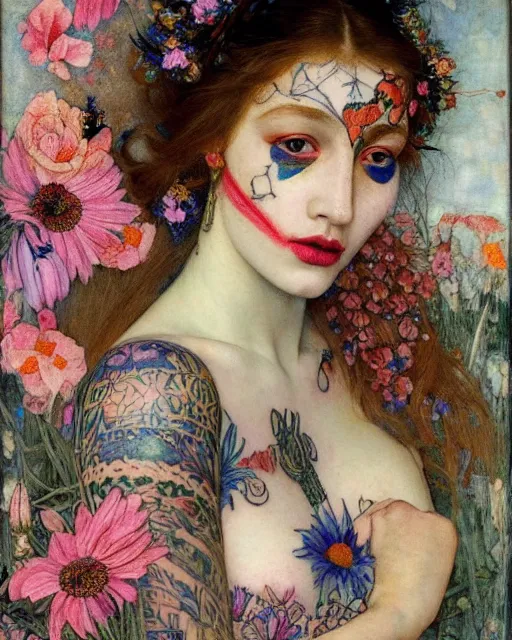 Prompt: close up of a beautiful girl wearing makeup with intricate colourful tattoos surrounded by colourful flowers, by edgar maxence and caravaggio and michael whela, artistic, intricate drawing, light brazen, realistic fantasy, 8 k resolution