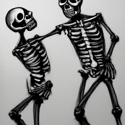 Image similar to skeletons dancing around a fire, black and white, charcoal sketch