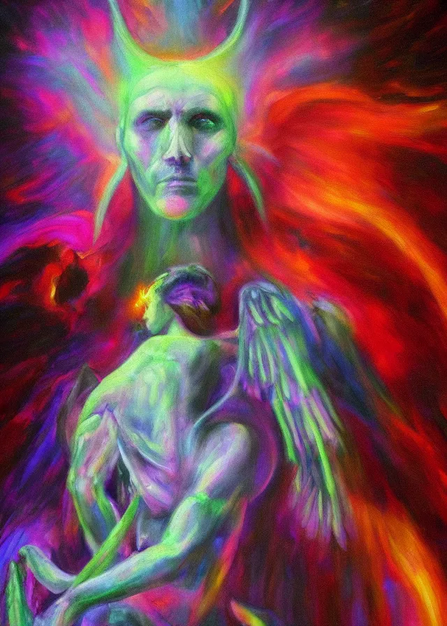 Image similar to Lucifer of the lunar mythos mercurial (surreal) angel mist, award winning oil painting, chromatic aberration polychromatic color palette radiant colors