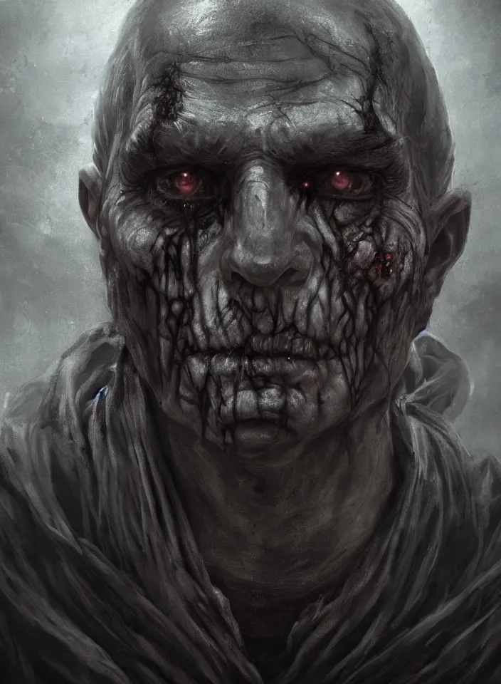 Prompt: a face portrait of a older man as an undead necromancer from skyrim, fantasy setting, beautiful face, serene colors, soft lighting, atmospheric, cinematic, moody, in the style of diego koi, gina heyer, luiz escanuela, art by alyssa monk, hyperrealism, rule of thirds, golden ratio, oil on canvas, 8 k