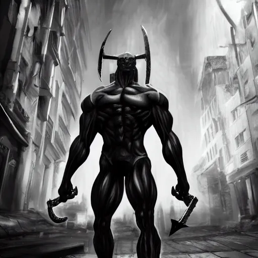 Prompt: black and white muscular demon man holding bayonet knife exploring urban environment, concept art trending on art station 4k award-winning unreal engine