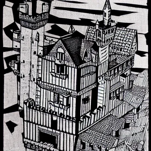 Prompt: castle in the air, mc escher woodcut