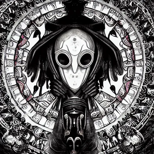 Image similar to 4K headshot portrait of godlike Plague Doctor of Nazareth with defined arms and open hands and bloody clothes with giant mandala wings , intricate face , flawless anime cel animation by Kentaro Miura, psychedelic , highly detailed upper body , professionally post-processed , beautiful, scary, symmetry accurate features, epic, octane rendered, anime masterpiece, accurate by Craig Mullins, ilya kuvshinov, krenz cushart, epic , artgerm trending on artstation by Edward Hopper and Dan Mumford and WLOP and Rutkovsky, beksinski carl spitzweg moebius and tuomas kocar, intricate artwork by caravaggio, Unreal Engine 5, Lumen, Nanite