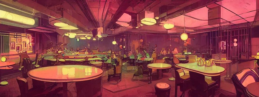 Image similar to concept art, crowded retro - futurist speakeasy, reflections, dark moody lighting, designer furniture, high ceiling, 6 0 s colour palette, beautiful plants, colourful flowers, syd mead, akihiko yoshida, cinematic