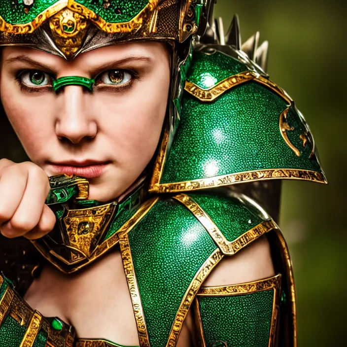 Image similar to photo of a cute beautiful warrior queen wearing emerald encrusted armour, highly detailed, 4 k, hdr, smooth, sharp focus, high resolution, award - winning photo