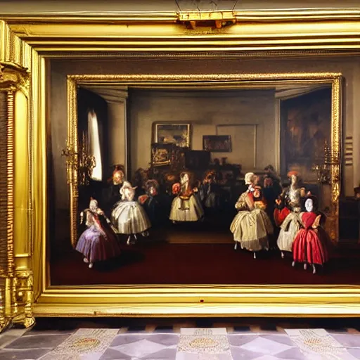 Image similar to super quality family portrait in the main room of the castle painted in 1 6 5 6, dark room, one point of light coming through the window inspired by las meninas, clear spaces between each subject and good detail and realistic eyes, faces for each person in the canva, inspired by diego velasquez baroque style, hdr