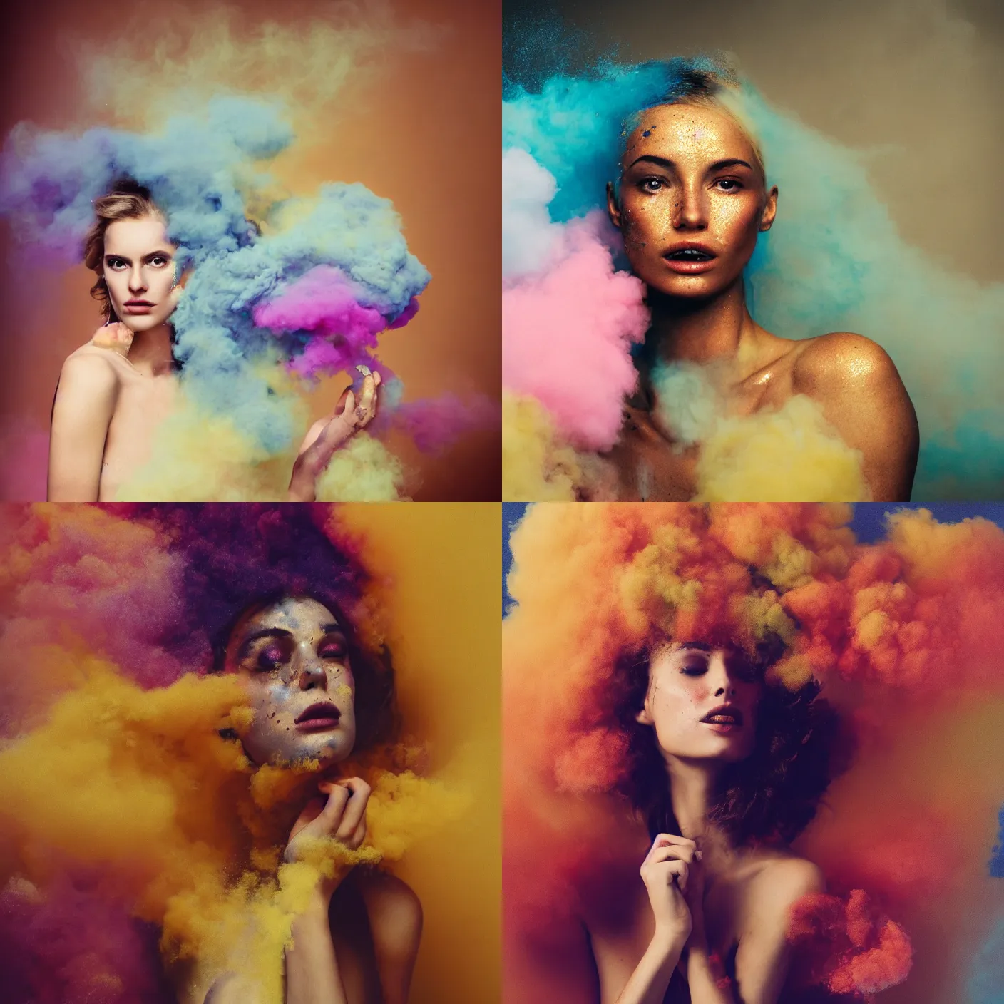 Prompt: portrait photography of a beautiful woman surrounded by colored smoke and powder explosions by maxim nikolaev and irving penn. vogue. kodak portra. ( depth of field ). golden hour. detailed. hq. realistic. muted colors. lens flare. canon eos r 3, f / 1. 2, 8 k, raw, symmetrical balance, in - frame