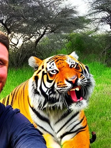 Image similar to a selfie of a man smiling in the safari with a tiger running up behind him