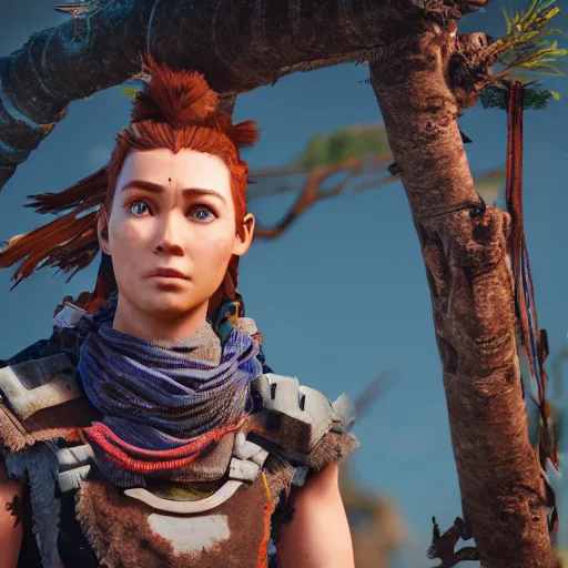 Image similar to aloy from horizon zero dawn, full body, 3 d cgi render, blender, 4 k