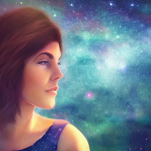 Prompt: an hd photo of a young woman with brown hair, green eyes, beautiful trees in the background, night sky with multicolor stars and galaxies, trending on artstation
