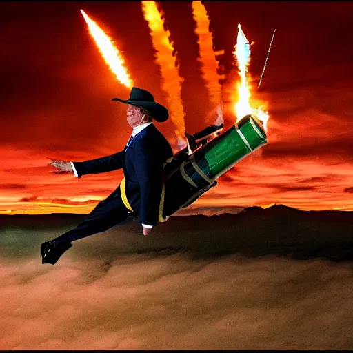 Image similar to donal trump as a cowboy riding a nuke as it's dropped from a plane high adrenaline junkie xtreme sport photography directed by mcg