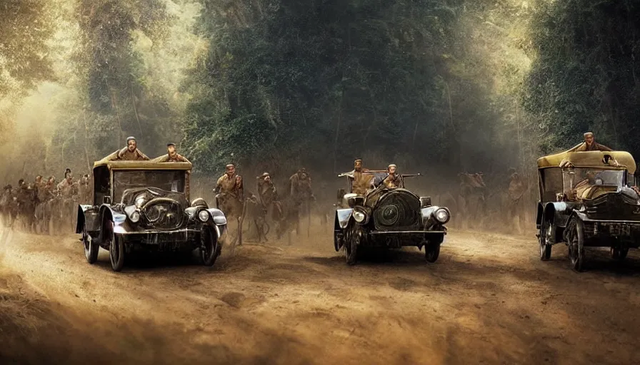 Image similar to british army driving a car in 1921 in kerala forest road, tribe members attacking, action scene, an epic fantasy, dramatic lighting, cinematic, establishing shot, extremely high detail, photorealistic, cinematic lighting, artstation, by christopher nolan, horizon forbidden west