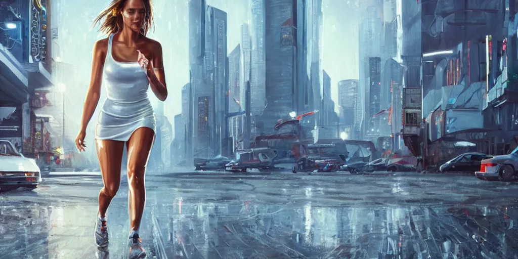 Image similar to ultra realistic painting of jessica alba in the 1 9 8 9 city of tacoma, wearing a wet white short dress, looking into the camera with a smirk while running in a cyberpunk city, art by ross draws, 4 k, ultra realistic, highly detailed, epic lighting