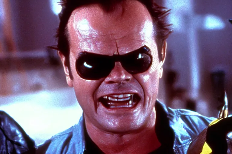 Prompt: Jack Nicholson plays Pikachu Terminator, action scene where his endoskeleton gets exposed and his eye glows red