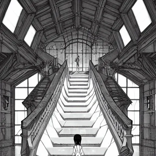 Image similar to a creepy woman walking through a bright white staircase with many doors and hallways, mc escher architecture, very detailed background, epic composition, anime key visual, anime style, by makoto shinkai