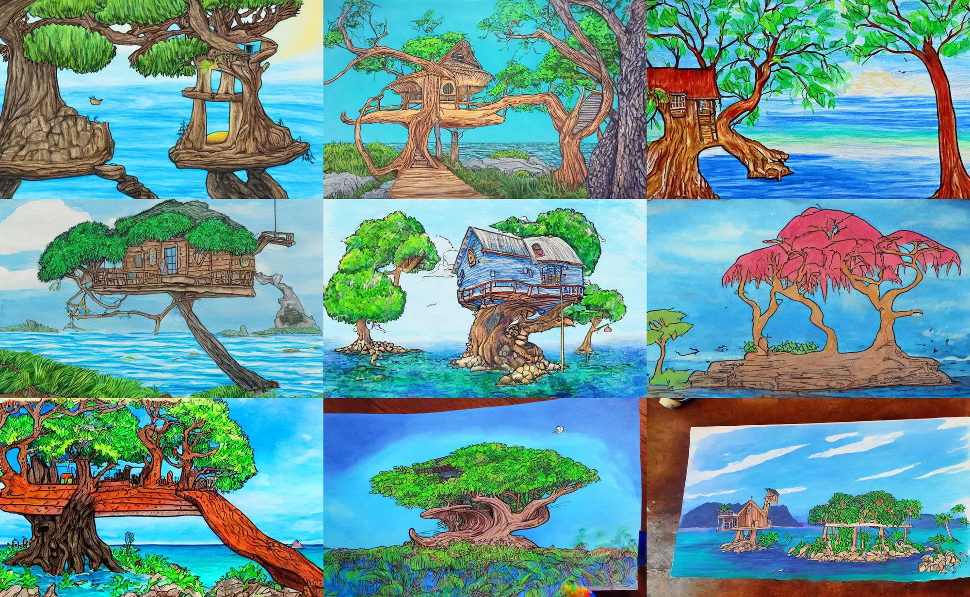 Prompt: marker painting of a mystical island treehouse on the ocean