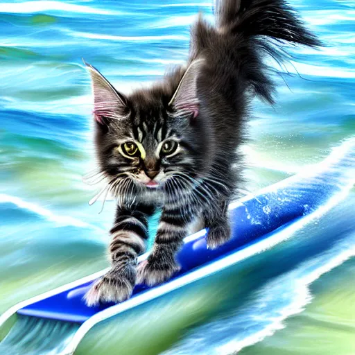 Image similar to Anthromorphic Maine coon kitten is Water skiing and doing trick poses, action shot. At south beach FL. 3D render but digital art, by Lenoid afremov