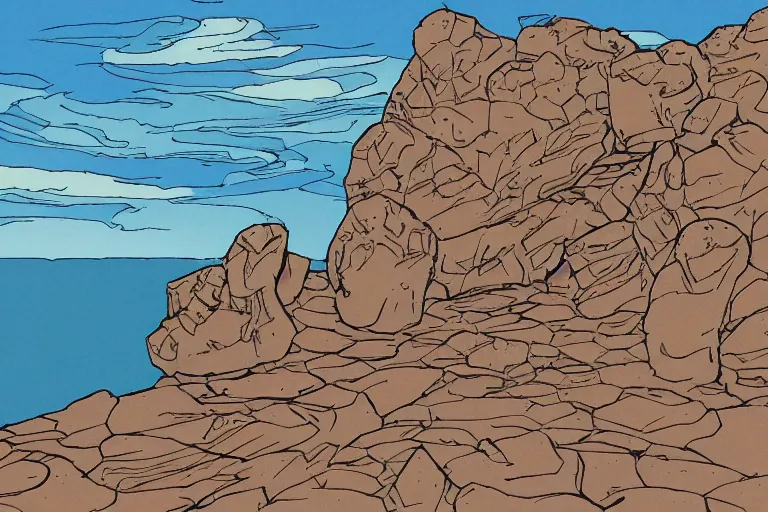 Image similar to seaside rocks in the style of Moebius