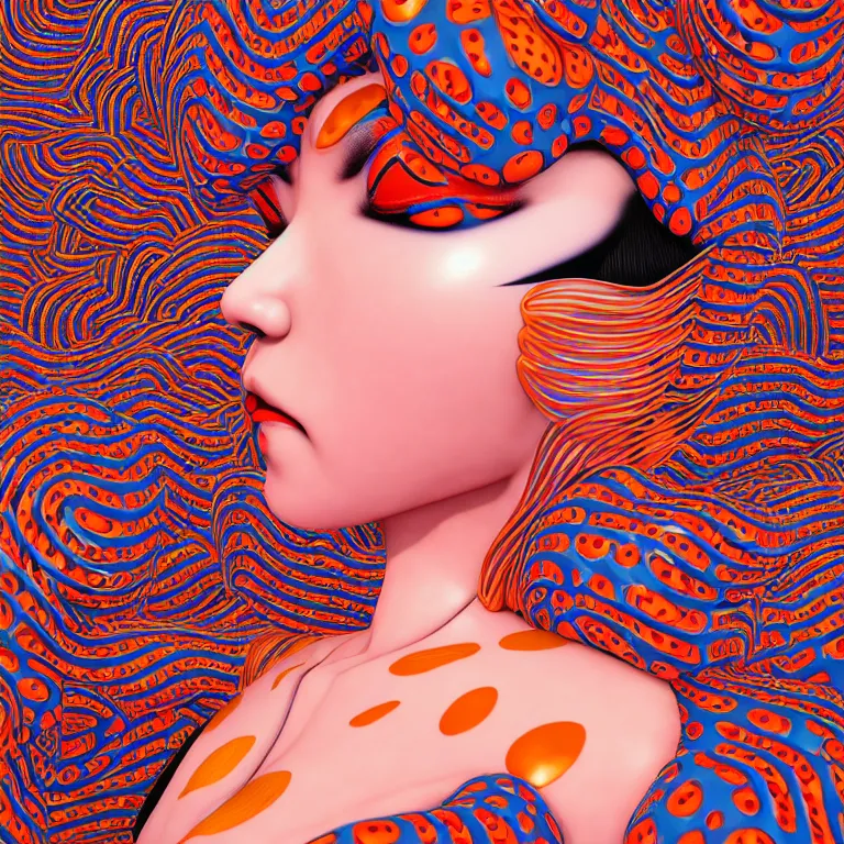 Image similar to realistic detailed image of a geisha laying down in a padded room, 8 k conjuring psychedelic background, part by yayoi kusama, part by alex gray, part by ross tran, part by james jean, ultra realistic, highly detailed, life like face, detailed body, 8 k, octane render, trending on artstation, very cohesive, masterpiece