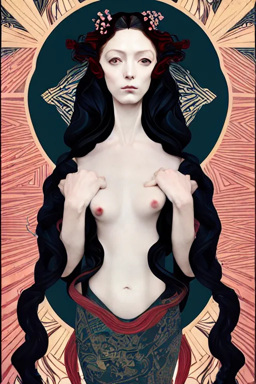 Image similar to a triad of winter muses, style blending æon flux, shepard fairey, botticelli, ivan bilibin, and john singer sargent, inspired by pre - raphaelites, shoujo manga, and harajuku fashion, stark landscape, muted dark colors, superfine inklines, ethereal, otherworldly, 4 k photorealistic, arnold render